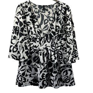 Lapis Womens Top Blouse Babydoll L Artsy Black White Y2K Short Sleeve Stretch